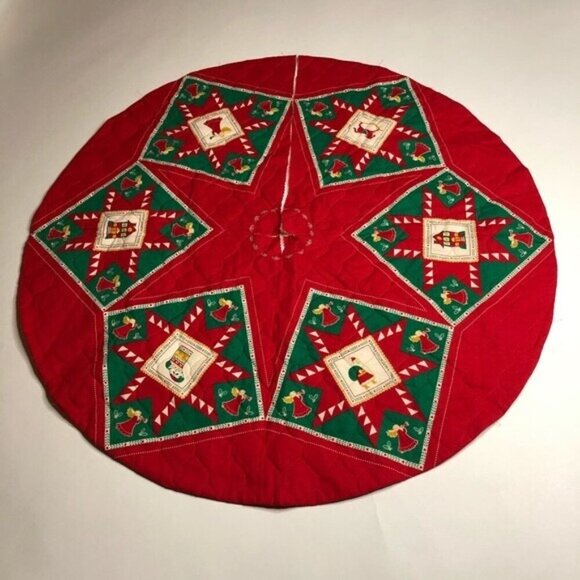 Vintage Christmas Tree Skirt Quilted Red Squares Circle Santa Claus Country XMAS - Picture 3 of 8